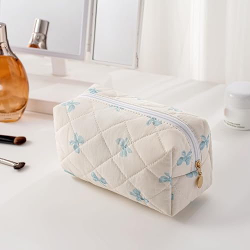 Cute Floral Makeup Bag Small Cotton Quilted Cosmetic Bag, Aesthetic Essential Bag Emergency Bag Gift for Women Girls Travel Accessories (Blue Small Bowknot) - color: A4 Blue Small Bowknot
