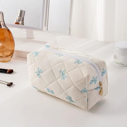 Cute Floral Makeup Bag Small Cotton Quilted Cosmetic Bag, Aesthetic Essential Bag Emergency Bag Gift for Women Girls Travel Accessories (Blue Small Bowknot) - color: A4 Blue Small Bowknot