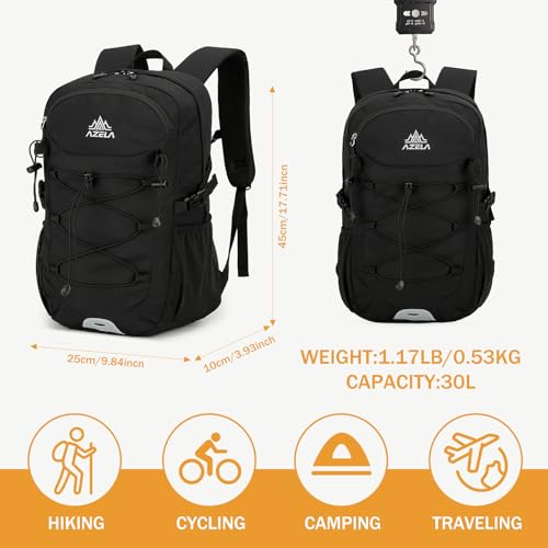 GES 30L Hiking Backpack Lightweight Water Resistant Daypack with Rain Cover & Laptop Compartment for Travel, Camping, trekking, Work(Black) - color: Black