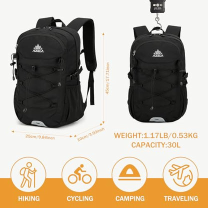 GES 30L Hiking Backpack Lightweight Water Resistant Daypack with Rain Cover & Laptop Compartment for Travel, Camping, trekking, Work(Black) - color: Black