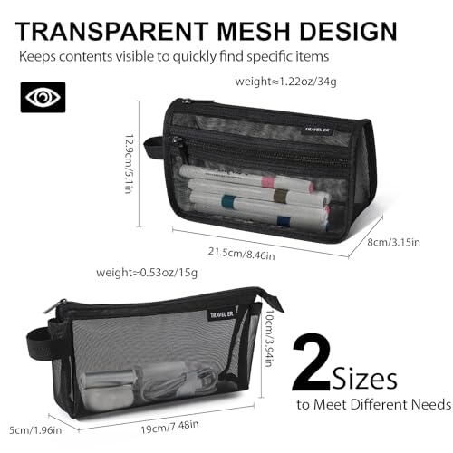2-Pack Clear Mesh Pencil Case Pouch with Handle (Black) | Inside are visible, Single & double Layer combination, Various uses, Light weight, Robust quality