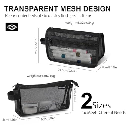 2-Pack Clear Mesh Pencil Case Pouch with Handle (Black) | Inside are visible, Single & double Layer combination, Various uses, Light weight, Robust quality