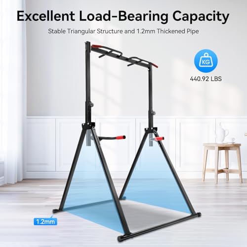 Freestanding Pull Up Bar, Adjustable Height Dip Station, Carbon Steel Power Tower, Parallel Bars, 440lbs Capacity, PVC Grip, Foldable, for Home Gym, Calisthenics, Strength Training