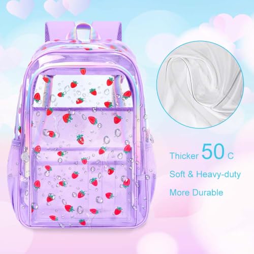 gxtvo 3PCS Clear School Backpack Heavy-Duty Set for Women & Teen Girls, 17" Purple Transparent Bag with Rainbow Strap, Cute Strawberry See Through Bookbag - color: Purple Strawberry Clear Backpack Set