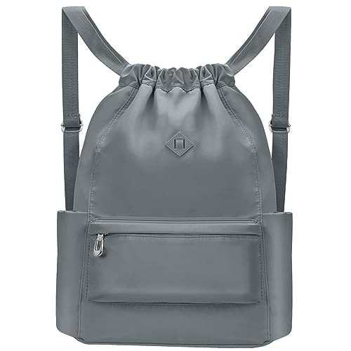 BAVELOE Drawstring Backpack with Wet Pocket Gym Backpack Water-Resistant Cinch String Bag Beach Swim for Women Men - color: Grey