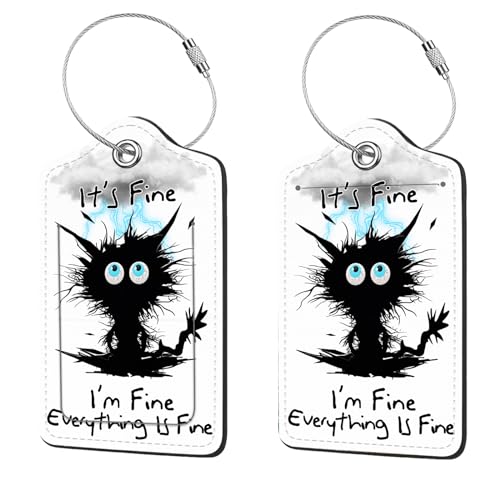 2 Pcs Luggage Tags for Suitcases, PU Leather Cruise Ship Luggage Tags with Privacy Cover Label Address Card and Durable Metal Ring Suitable for Men Women Handbags Backpacks,Cat hit by Lightning - color: Cat Hit By Lightning