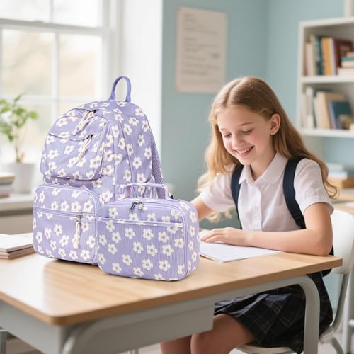 Bluboon Backpack for Girls Kids Preschool Backpack with Lunch Box Kindergarten Bookbag Toddler School Bags Set - color: Beige Flower Purple