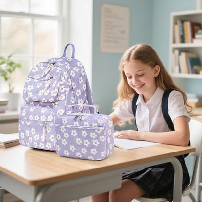 Bluboon Backpack for Girls Kids Preschool Backpack with Lunch Box Kindergarten Bookbag Toddler School Bags Set - color: Beige Flower Purple