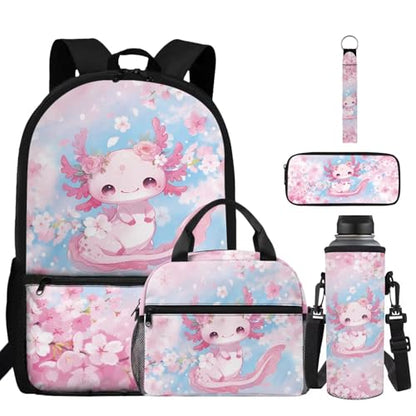 ZDCUSTOM Axolotl Backpack Set for Girls Bookbags with Lunch Box and Pencil Case, Large Capacity Elementary School Backpack for Girls Water Bottle Holder Keychain, Kids Schoolbags Sets 5-Pieces - color: Floral Axolotl