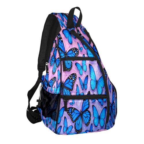 Pickleball Bag for Women & Men – Lightweight Sports Backpack with Paddle Compartments, Dual Carry Modes, Detachable Zippered Strap, Brown Leopard, Great Gift Option for Players - color: Blue Butterflies