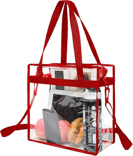 BAGAIL Clear Bags 12x6x12 Stadium Approved Clear Tote Bag with Zipper Closure Crossbody Shoulder Bag with Adjustable Strap - color: Red