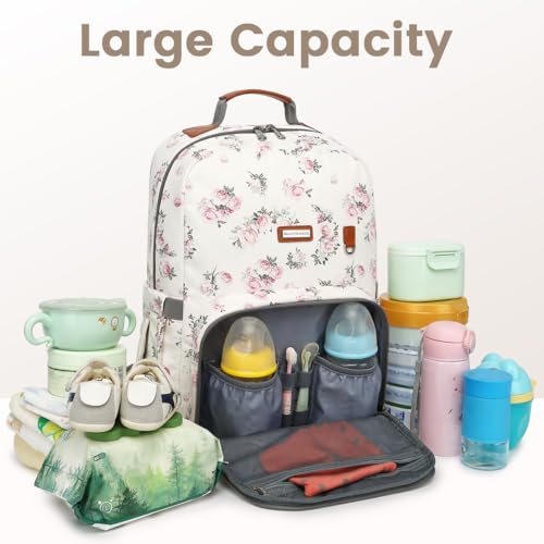 Diaper Bag Backpack, Large Baby Nappy Bags with Portable Changing Pad for Boys and GirlsMultifunction Travel Baby Bag for Moms Dads, Shower Gifts Waterproof and Stylish，Flower Beige - color: Flower Beige