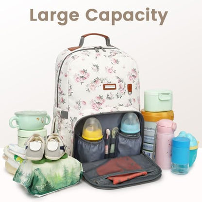 Diaper Bag Backpack, Large Baby Nappy Bags with Portable Changing Pad for Boys and GirlsMultifunction Travel Baby Bag for Moms Dads, Shower Gifts Waterproof and Stylish，Flower Beige - color: Flower Beige