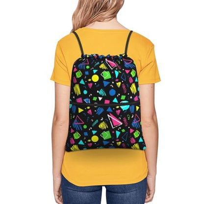 JOOCAR 80s 90s Drawstring Bag Restro Backpack Draw String Bags Waterproof Lightweight Sports Gym Beach Sackpack Zipper Pocket for Men Women - color: B12