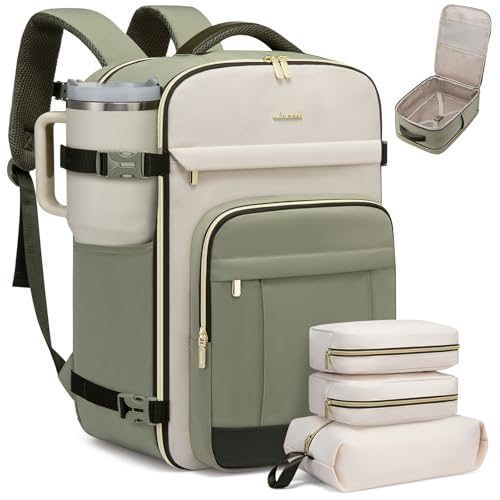 LOVEVOOK 40L Travel Backpack for Women & Men - 17.3 Inch Carry On Backpack & Personal Item Backpack for Airlines, Spacious and Durable Design, with 3 Packing Cubes - color: Light Green-beige-olive Green, size: Large-40L-4Pcs