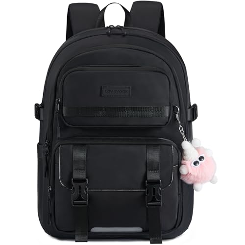 LOVEVOOK School Backpack for Girls, Anti-Sagging Bookbag for Middle High College Back to School, Cute Teen Backpacks with DIY Webbing Fits 15.6" Laptop & 40oz Water Bottle, Black - color: Black, size: 15.6 inch
