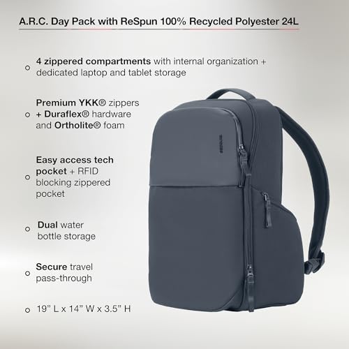 Incase A.R.C. Daypack 24L – Travel Backpack and Laptop Bag for School - Fits up to 16 inch Laptop - 4 Zippered Compartments, 2 Water Bottle Pockets - Commuter and College Backpack - Navy - color: Navy