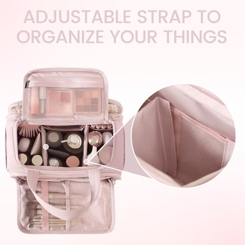 Cute Puffy Toiletry Bag for Women,Large Makeup Bag,Travel Cosmetic Bag with Adjustable Dividers & Trolley Sleeve,Toiletries Organizer,Light Pink - color: Pink