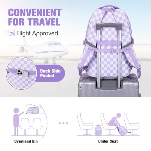 Bevalsa Backpack for Girls 3PCS Teen Girls Backpack for School with Lunch Bag Pencil Case Purple Cute Kids Laptop Backpacks Bookbag for Elementary Middle High School College Student (Checkerboard) - color: Purple Checkerboard