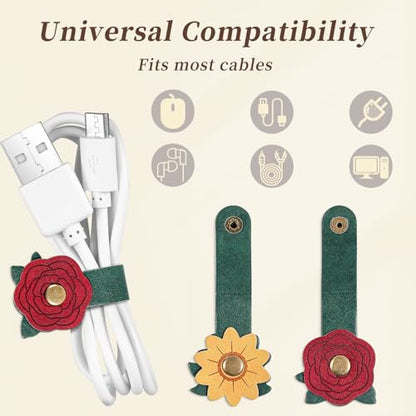 2 PCS Cord Organizer,Cord Keeper,Cable Organizer USB Holder,Cable Straps,Earbud case,wrap Headphone,Headset Winder,Earphone Clips Ties,stocking stuffers Gifts for Women Leather Flower - style: Flower