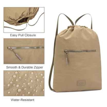 Lee Drawstring Backpack Bag Lightweight Small Gym Swim Beach Bag Water Resistant Sports Sackpack for Men Women, LEE48-002KH - color: Khaki