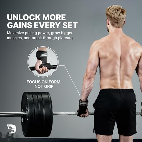 DMoose Fitness Weight Lifting Hooks (Pair) for Deadlifts, Pull Ups, Rows & Shrugs - Anti-Rip Nylon Strap Hand Grips with Thick Wrist Padding - Heavy Duty Wrist Straps for Weightlifting & Gym Workouts - color: Gray Lifting Grip