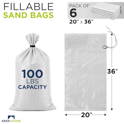 Heavy Duty Sand Bags Pack of 6, White Empty Sandbags with Built-In Ties, Woven Polypropylene UV Protection 1600 Hours, Fillable Bags for Flood Control, Weight, 20x36 inches, 100 Pounds Volume - size: 20"W x 36"L, style: Pack of 6