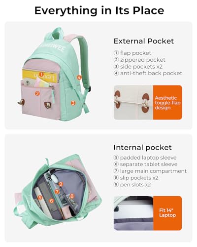 Lightweight Travel Backpack for Women, School Backpack for Teen Girls & Boys, Water-repellent Taslon Fabric, Stylish Casual Daypack for College Everyday Use, Fits 14" Laptop, Green & Pink - color: Green & Pink