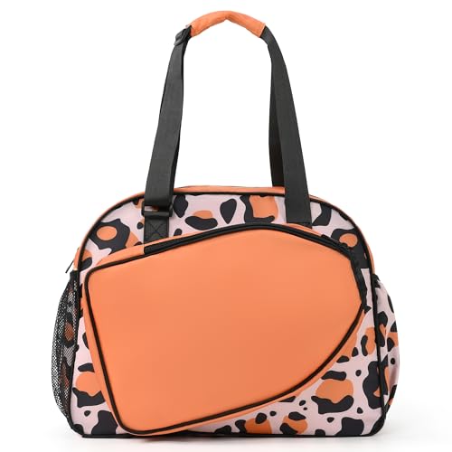 Boulder Bee Pickleball Bags, Premium Pickleball Tote Bag for Girls, Women’s Hand/Shoulder Gym Bag w Water Bottle Holder, with Pickleball Racquet/Paddle Holder - color: Leopard print-brown