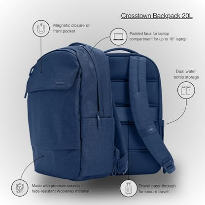 Incase Crosstown Backpack – 20L Everyday Laptop Backpack for Work, Travel – 16" Faux Fur MacBook Sleeve, External Front Pocket, Water Bottle Pockets, Travel Pass Through - Navy - color: Navy