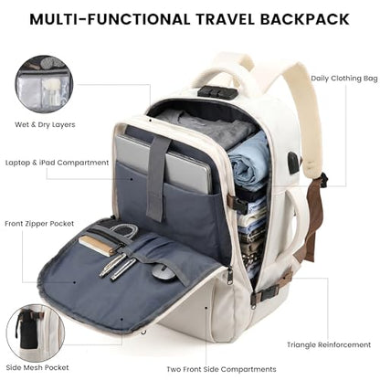 TANTOMI Travel Backpack for Women, Carry On Backpack with Wet-Dry Separation Compartment, TSA-Compliant Laptop Backpack, Personal Item Travel Bag with Anti-Theft Lock for Weekender (Cream White) - color: 1-cream White