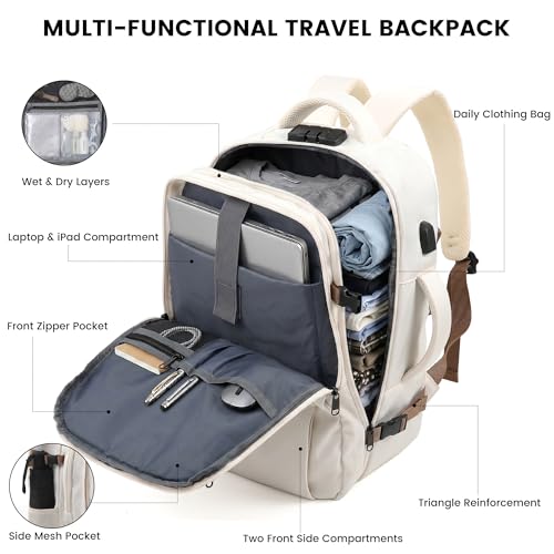 TANTOMI Travel Backpack for Women, Carry On Backpack with Wet-Dry Separation Compartment, TSA-Compliant Laptop Backpack, Personal Item Travel Bag with Anti-Theft Lock for Weekender (Cream White) - color: 2-cream White
