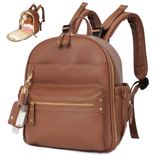 miss fong Small Diaper Bag Mini Diaper Bag Backpack Mini Backpack with 11 Pockets Baby Diaper Bag with Hand Sanitizer Holder, 2 Insulated Pockets - color: Brown