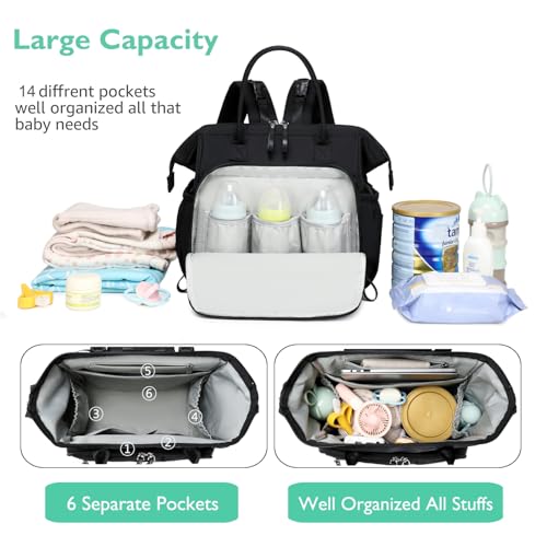 LORADI Large Diaper Bag Tote, Hospital Bag, Baby Shower Essential | 14 Pockets, Convertible, Stroller Clips, 3 Insulated Pockets, Water-resistant, Easy to Clean - color: Black, size: Large-20L