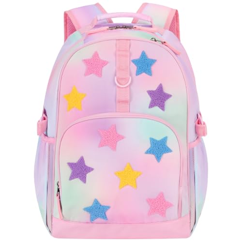 Choco Mocha Kids Backpack for Girls Stars Backpack Kids Elementary School Backpack for Girls Ages 6-8 Kid Bookbag 17 Inch with Chest Strap, Pink - color: Towel Embroidery Stars