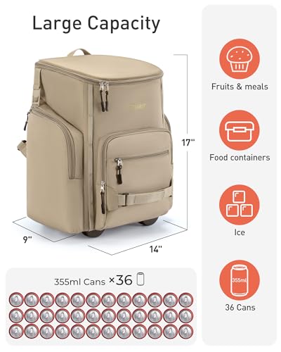 TOURIT Insulated Rolling Cooler Backpack, Leakproof Waterproof Beach Cooler Bag with Wheels and Handle, Outdoor Camping Picnic Travel - color: 01-Black, style: 36 Cans