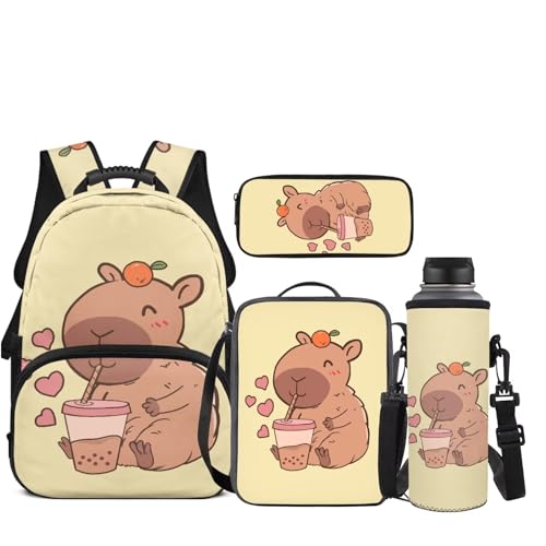 JEOCODY Capybara Backpack for School Girls Bookbag with Luncb Box Pencil Case and Water Bottle Holder Set of 4 Boys School Supplies Daypack for Travel Hiking Picnic - color: Cute Capybara Printedd