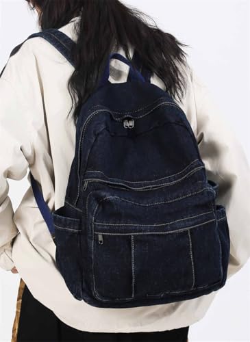 Dark Wash Denim Jean Backpack for Women & Men Retro Aesthetic Rucksack Basic Backpack for High School/College Students Travel Laptop Bag - color: Dark Denim