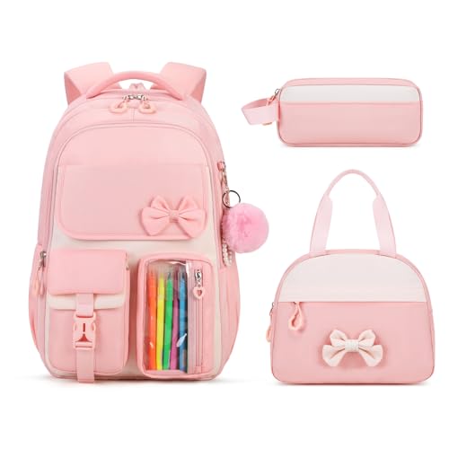 Girls Backpack, School Backpack for Girls, Cute Bow Kids Bookbag for Grils Children Teens for Elementary Middle High School Student, Back To School, Pink 3pcs - color: Pink-3pcs