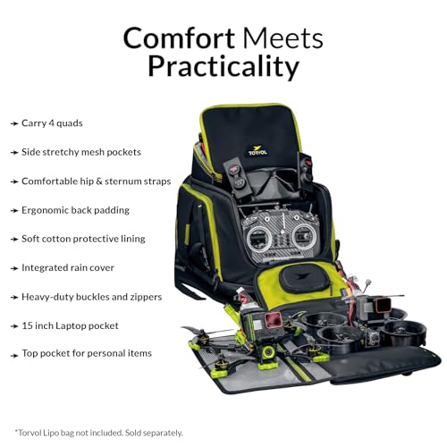 TORVOL - Quad PITSTOP Backpack Pro V2 – FPV Drone Backpack for 4 Quads + Gear, Compatible with DJI Mini 3, DJI Mini 4 Pro, Avata, Mavic, Goggles, Laptop, Black & Green, With Rain Cover, 30L