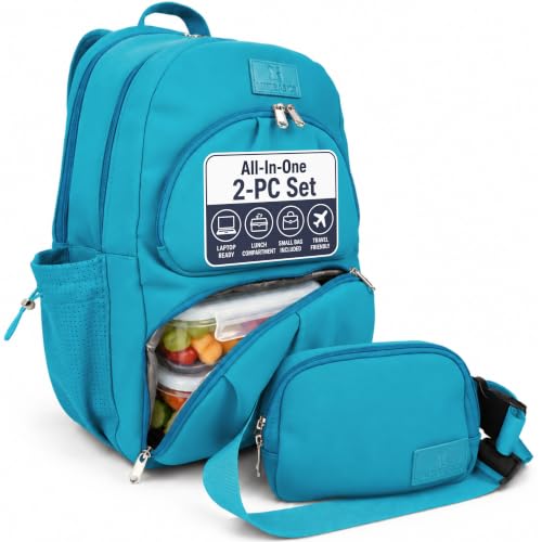 All-in-One Laptop Backpack and Crossbody Set for Women, Lunch Compartment, Full Size 18 Inch Neoprene Work Travel Backpack, Structured Lunch Cooler, Fits 17 Inch Laptop, Carry On Personal Item, Blue - color: Lagoon Blue