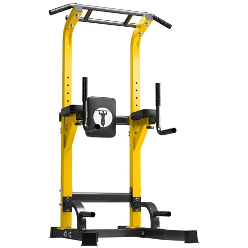 DlandHome Power Tower Pull Up Bar Station, Heavy Duty Pull Up Dip Station Adjustable Height for Home Gym Strength Training Equipment, 330LBS Weight Capacity - color: Yellow