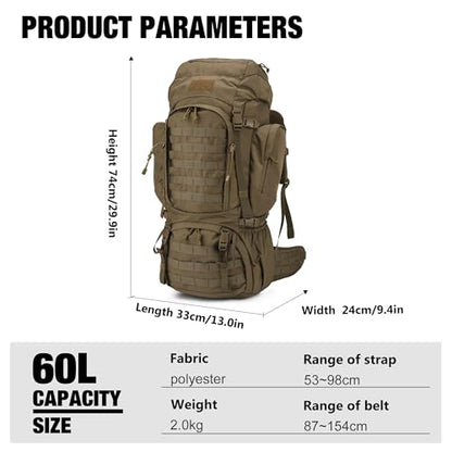 Mardingtop 60L Military Internal Frame Backpack for Hiking,Camping,Hunting,Rucksack Backpack with Rain Cover - color: Khaki