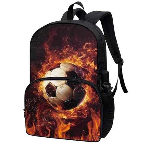 Talayituse Soccer Fire Water Print School Backpack for Kids Girls Casual Daypack Large Capacity Lightweight Bookbag with Side Water Bottle Holder for Middle School Primary Rucksack - color: Soccer Fire Water