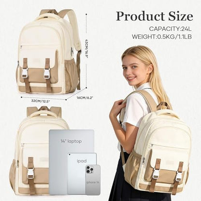 School Backpack For Women Men College Backpack With Lots Of Pockets Cute BookBag Casual Daypack Backpacks For Teens Girls Boys Waterproof(Beige) - color: D2-beige Wth Khaki