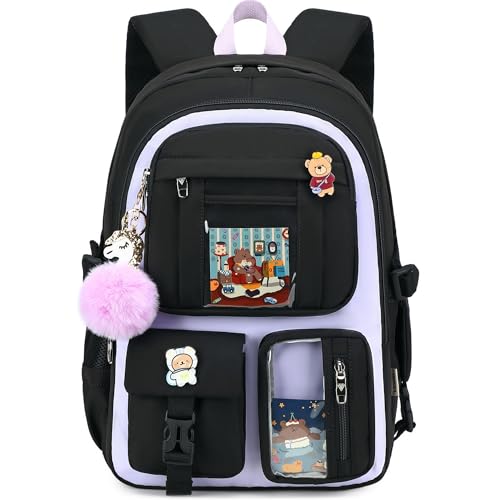 Backpack for Girls with Accessories Laptop Bookbags 16 Inch Kawaii Kids Elementary Middle High School Bag College Travel Daypack Gifts for Teens Women Students (Black Purple) - color: Black Purple