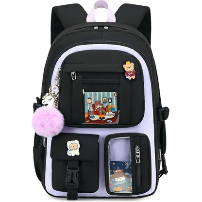 Backpack for Girls with Accessories Laptop Bookbags 16 Inch Kawaii Kids Elementary Middle High School Bag College Travel Daypack Gifts for Teens Women Students (Black Purple) - color: Black Purple