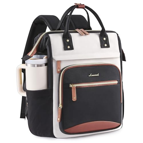 LOVEVOOK Laptop Backpack Women, 15.6 Inch Work Backpack with Large Capacity Cup, Waterproof Travel Computer Backpacks Purse, College Bookbag for School, Business, Teacher - color: Beige-black, size: 15.6INCH