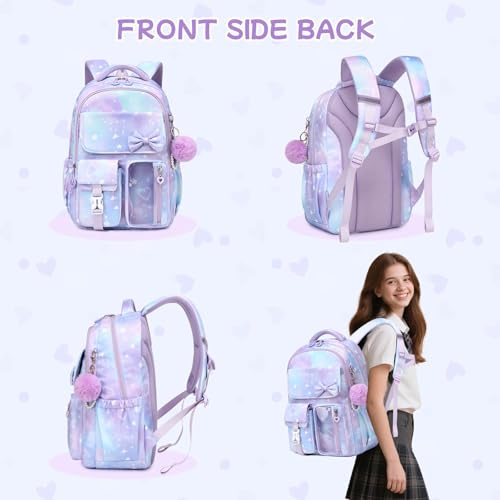 Girls Backpack, School Backpack for Girls, Cute Bow Kids Bookbag for Grils Children Teens for Elementary Middle High School Student, Back To School, Purple Sakura 3pcs - color: Purple Sakura-3pcs