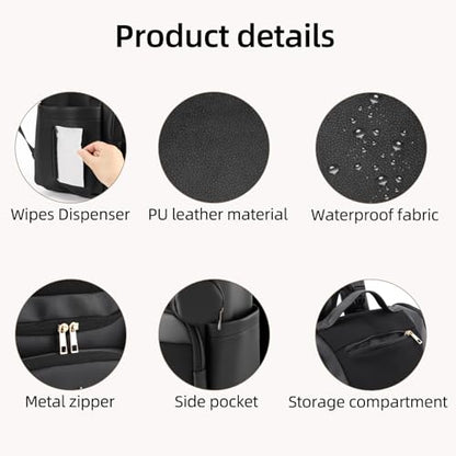 Large Leather Diaper Bag Backpack, Baby Travel Bag with Changing Pad, Insulated Pockets, Stroller Straps and Pacifier Case, Water-Resistant Diaper Bag for Mom and Dad, Black - color: Black